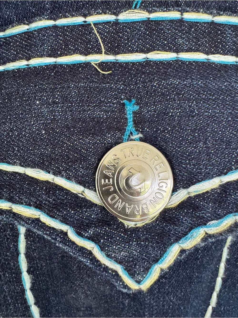 True Religion Men's Joey super T  Blue Straight Jeans with rainbow stitching